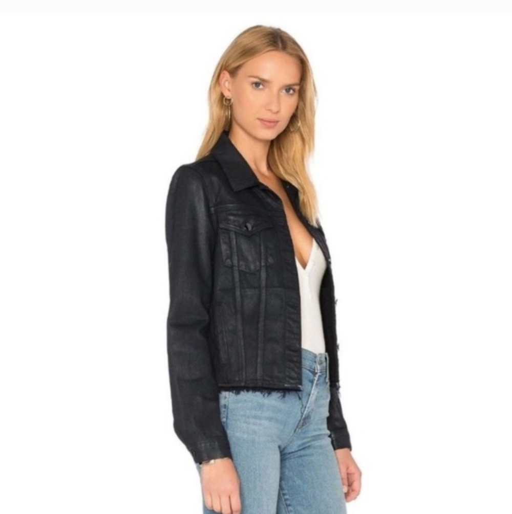 J Brand Slim Coated Denim Jacket Frayed Hem